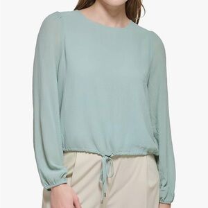 Calvin Klein Womens Trendy Crinkle Chiffon Long Sleeve Drawstring Hem Blouse